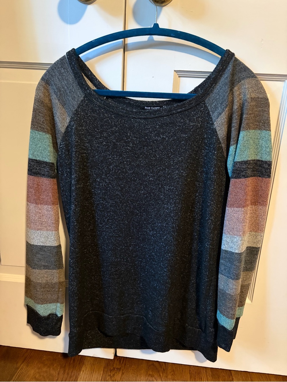 Pink Clover Black Sweater Multicolor Striped Raglan Sleeves